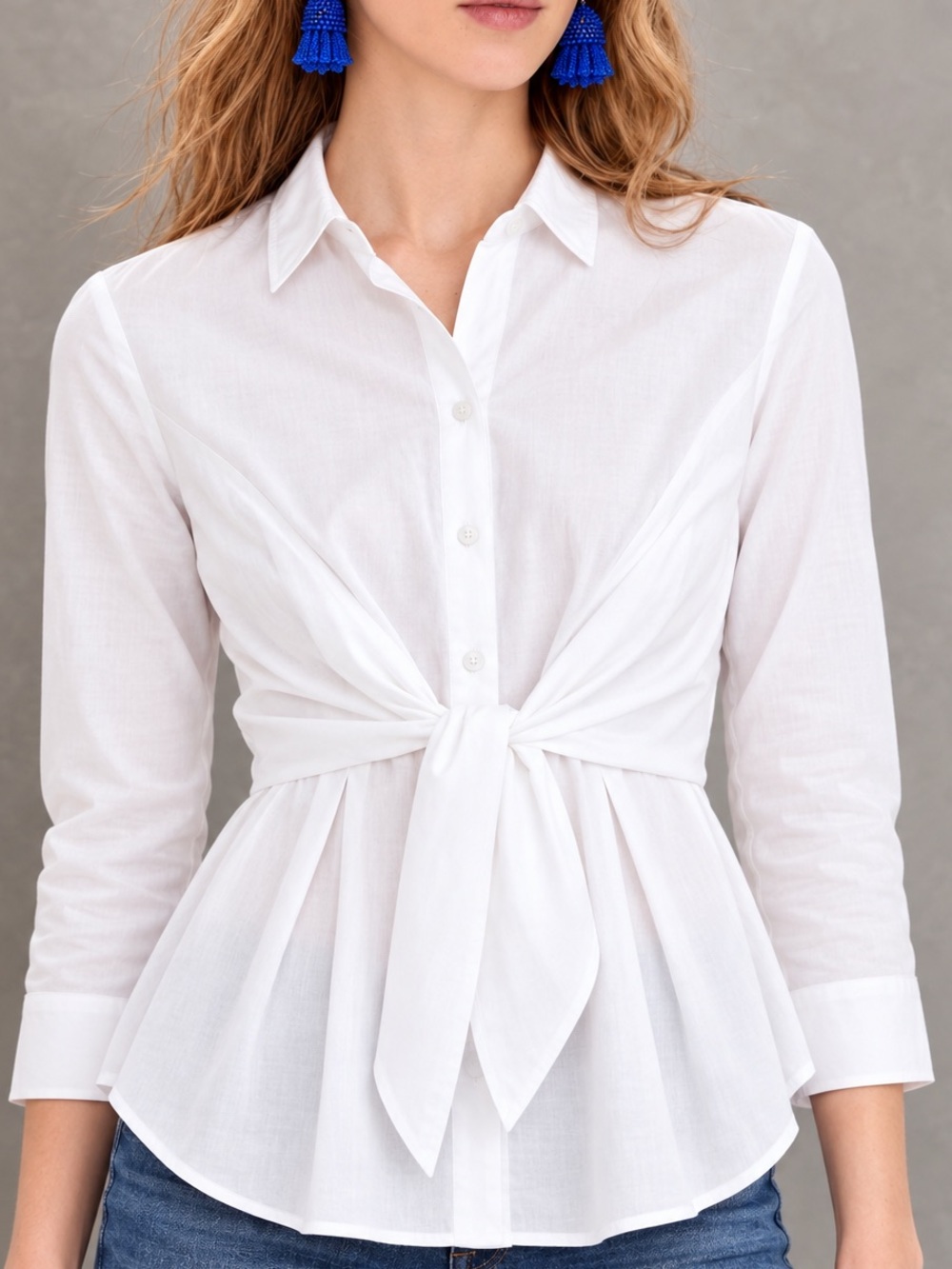 HD in Paris White Tie Front Peplum Button Down Blouse Minimalist Size 4